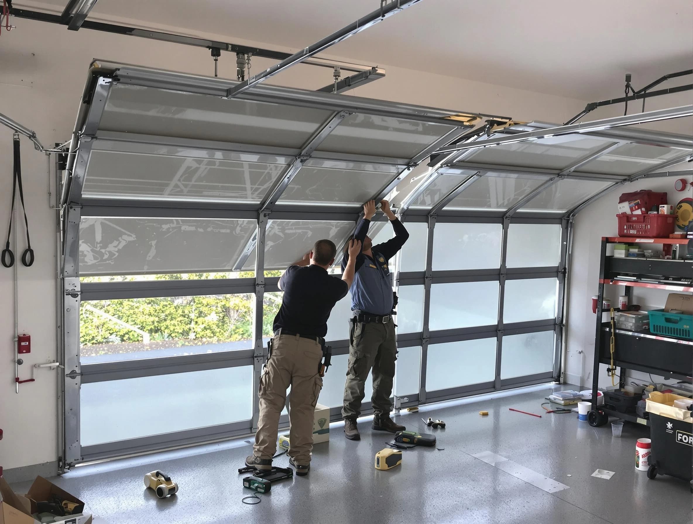 Riverdale Garage Door Repair expert performing precise panel replacement on Riverdale garage door