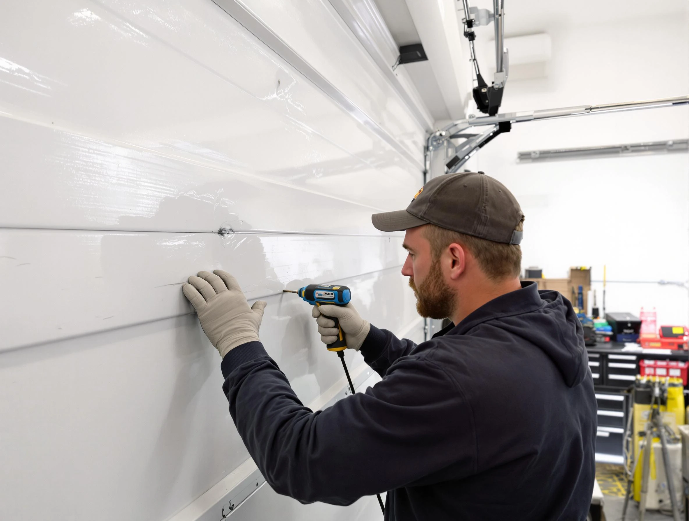 Riverdale Garage Door Repair technician demonstrating precision dent removal techniques on a Riverdale garage door